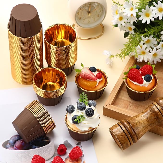 300 Pack Brown Gold Cupcake Cups Bulk Disposable Foil Muffin Liners 3.5 oz Wrappers for Baking