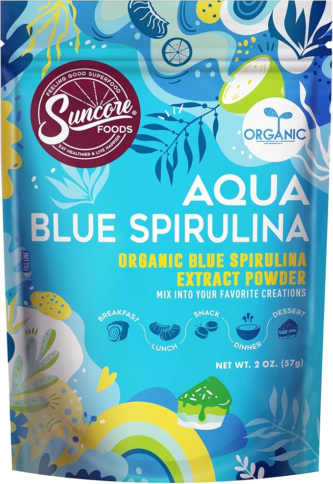 Suncore Foods Organic Aqua Blue Spirulina Powder, 2 oz (1 Bag), Gluten-Free, Non-GMO, Plant-Based