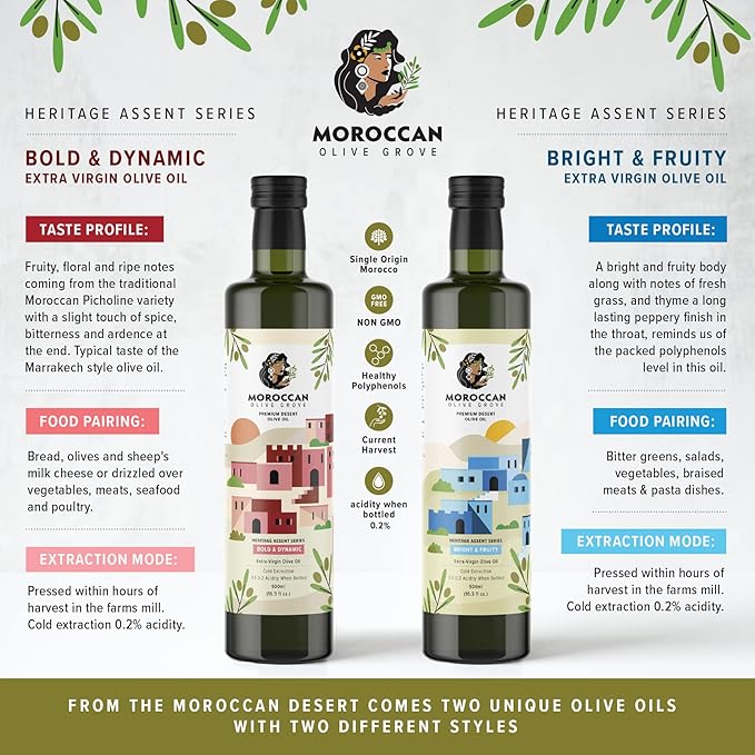 MOROCCAN OLIVE GROVE - Bold & Dynamic - Premium Desert Extra Virgin Cold Extracted Olive Oil, 100%