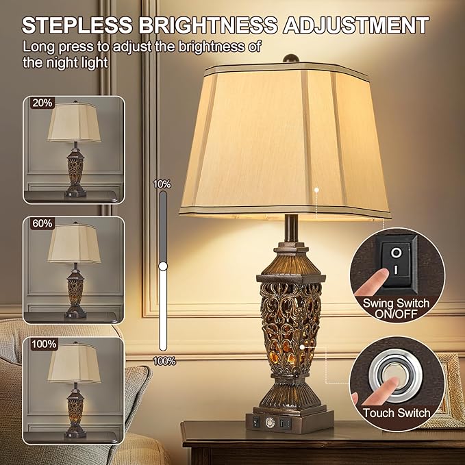 AIDENOEY 27.5“ Farmhouses Table Lamp with USB & USB-C Charging Ports, 3-Color Dimmable & Stepless
