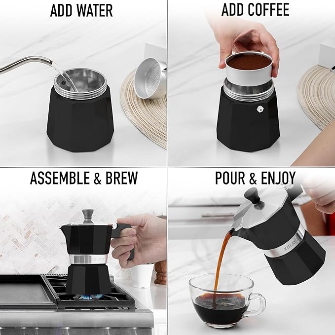 Zulay Moka Pot Espresso Stovetop Coffee Maker - Leak-Proof, Stainless Steel, Easy to Clean, Heat