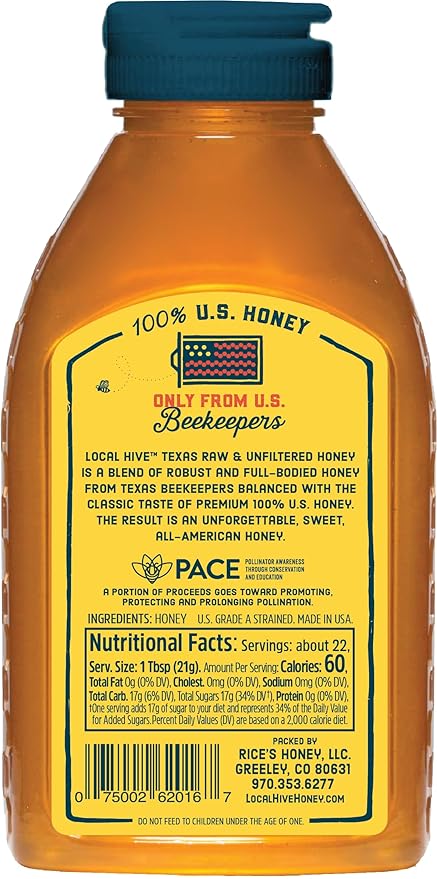 Local Hive Texas Raw Unfiltered Honey – 16 oz, 100% Pure US Honey, Sourced from American Bees and