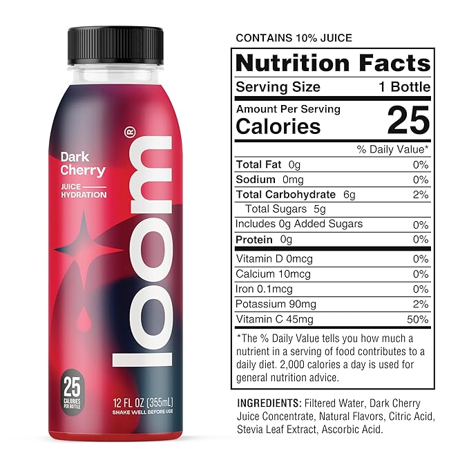Dark Cherry Juice Drinks by Loom, Low Sugar Juice, Real Fruit, No Added Sugar, 30 Calories, Vegan