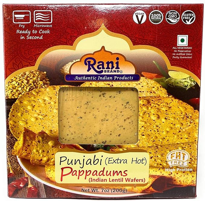 Rani Pappadums (Indian Lentil Wafer Snack) Punjabi Papad - Extra Hot, 7oz (200g) Approximately