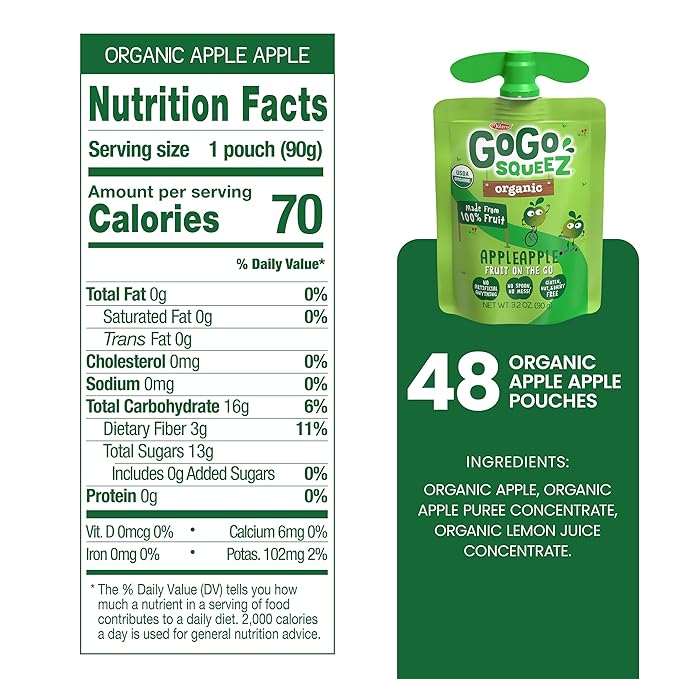 GoGo squeeZ Organic Applesauce and Fruit Puree, Apple Apple, 3.2 oz (Pack of 48), Unsweetened