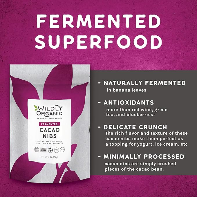 Wildly Organic Fermented Cacao Nibs 16 Oz, 1 lb Bag - Organic, Non-Alkalized, Minimally Processed