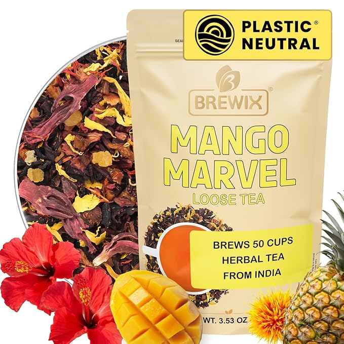 BREWIX, Mango Marvel Herbal Loose Tea (50+ Cups) | Made with Hibiscus, Mango, Pineapple, Orange