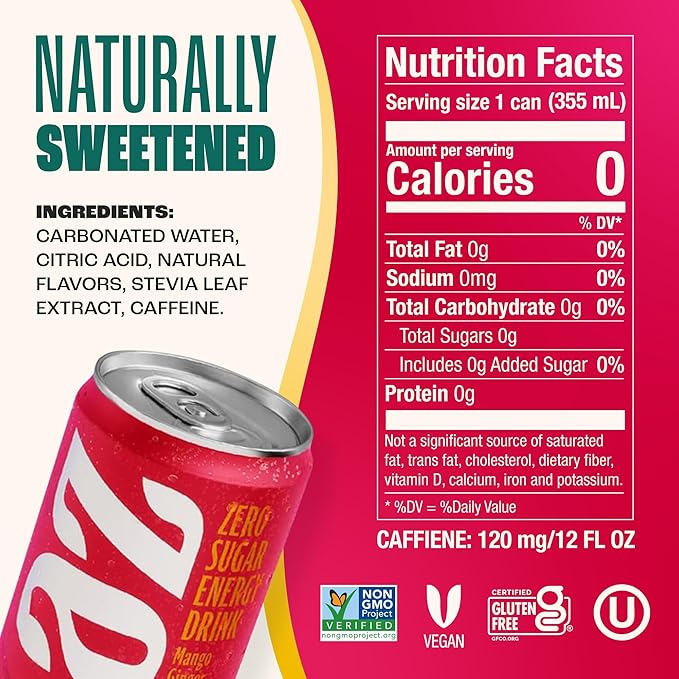 Zevia Zero Sugar Energy Drink, Mango Ginger, 12 oz Cans (12-Pack) – Naturally Sweetened, Zero