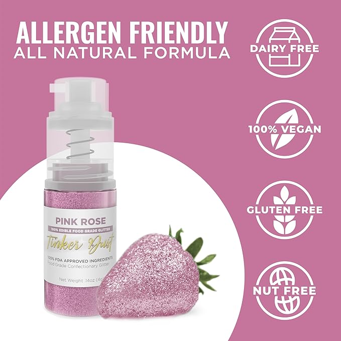 Bakell - Pink Rose Tinker Dust (4g, 1x Mini Spray Pump) Edible Glitter for Food, Desserts, and