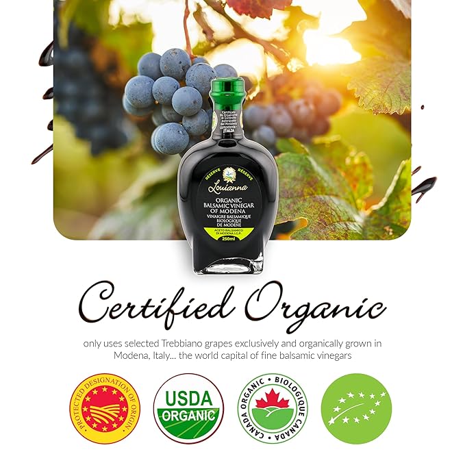 Louianna - Organic Balsamic Vinegar of Modena, High Polyphenol Aged Balsamic Vinegar, Aromatic