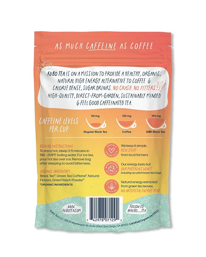 Kubo Tea Peach Mango Black Iced Tea - Organic Pillow Tea Bags - High Caffeine Coffee Alternative w/