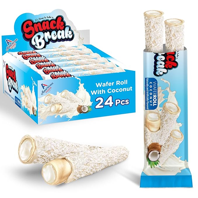 Snack Break Coconut Wafer Rolls, Rolled Wafer Cookies, Coconut Coated Delicious Snack, Individually