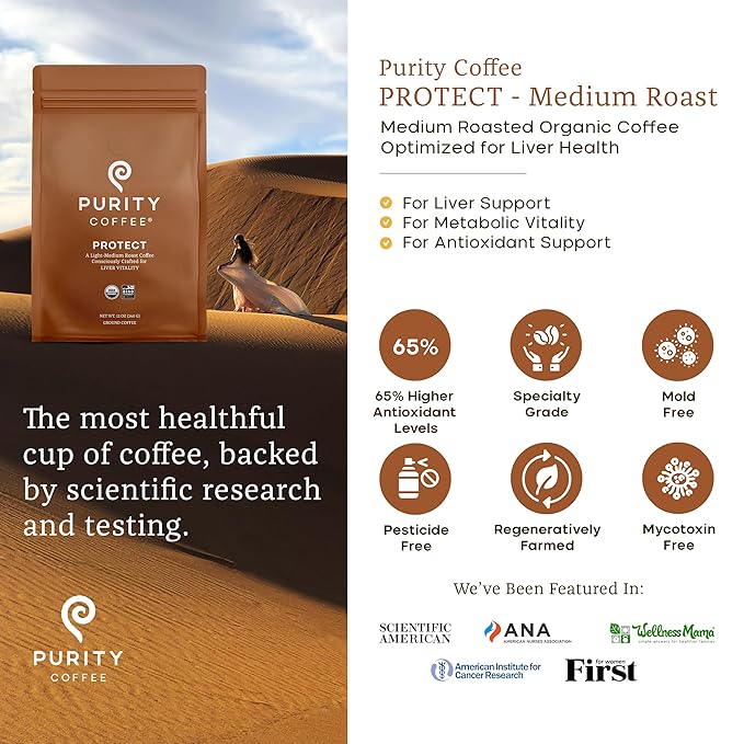 Purity Coffee PROTECT Light-Medium Roast Ground Coffee for Liver Vitality - USDA Organic and