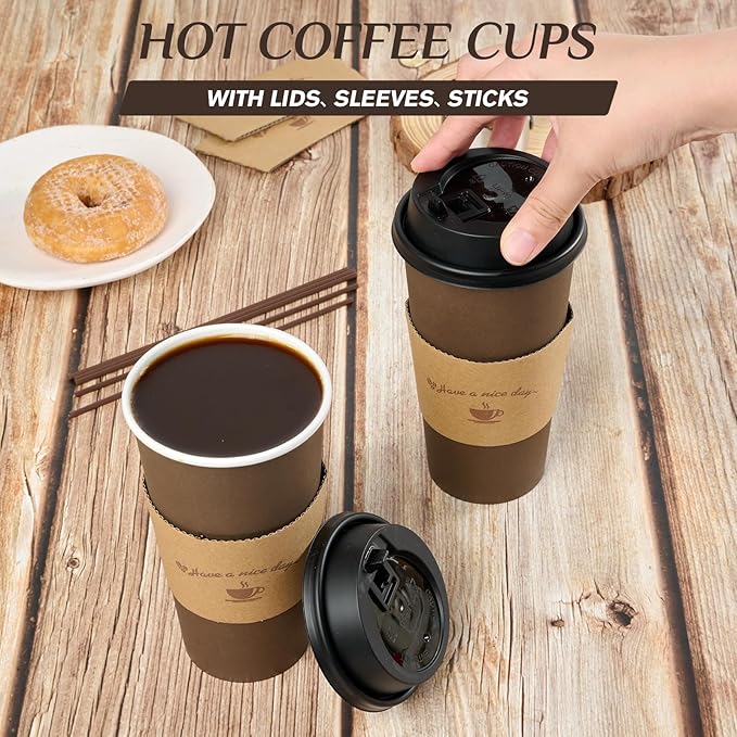 LITOPAK 100 Pack 20 oz Paper Coffee Cups, Brown Disposable Coffee Cups with Lids, Sleeves, Sticks