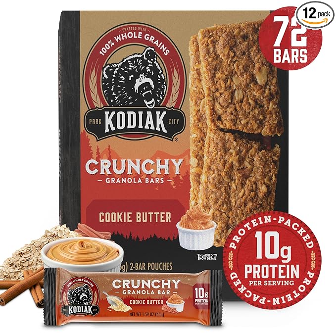 Kodiak Cakes Crunchy Granola Protien Snack Bars, Cookie Butter, High Protein, 100% Whole Grains, 12