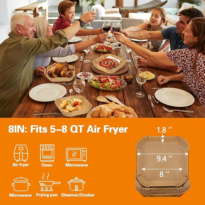 200Pcs Air Fryer Paper Liners, 8 Inch Square Disposable Paper Liner, Non-stick Parchment Paper for