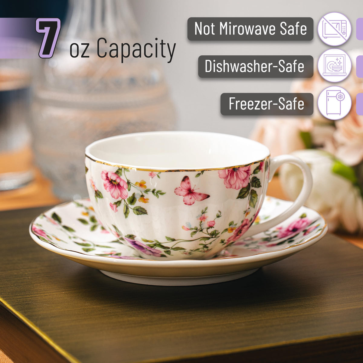 BTaT- Floral Tea Cups and Saucers Set of 6 (7 oz), Porcelain Tea Cups Set of 6, Modern Midnight