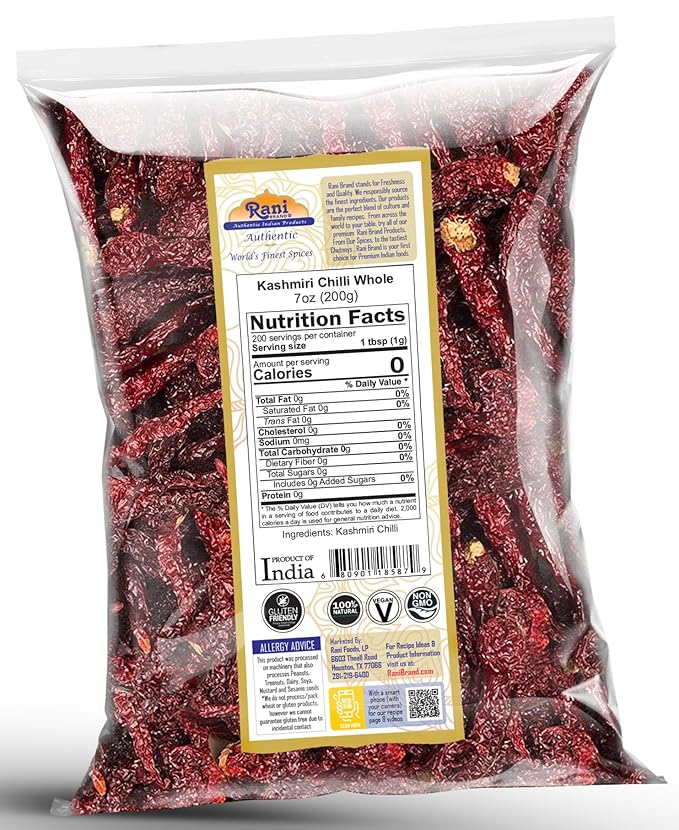 Rani Kashmiri Chilli Whole (Deggi Mirch, Low Heat) 7oz (200g) ~ Natural | Salt-Free | Vegan | No