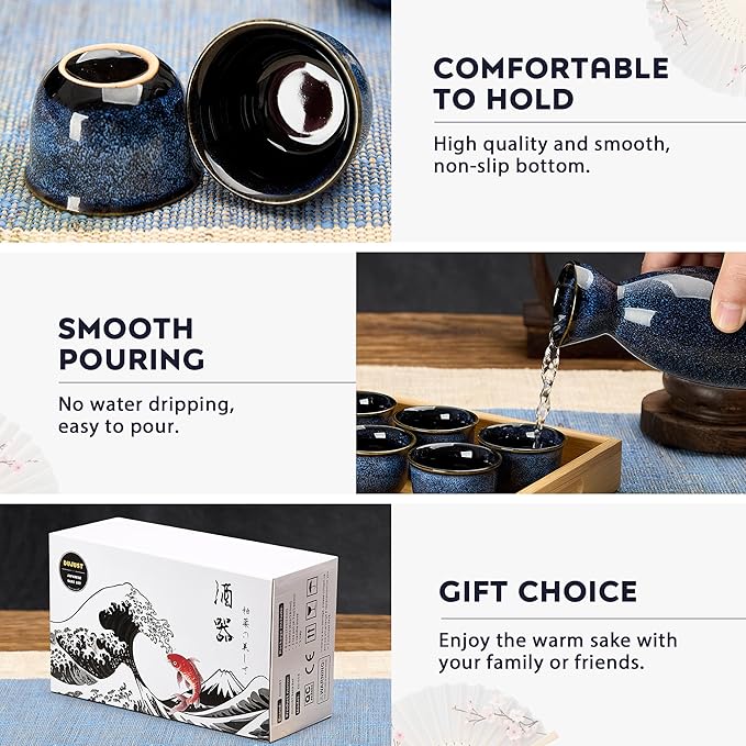 DUJUST 10 pcs Japanese Sake Set with Warmer for 6, Kiln Altered Glaze Porcelain Sake Set, 6 Sake