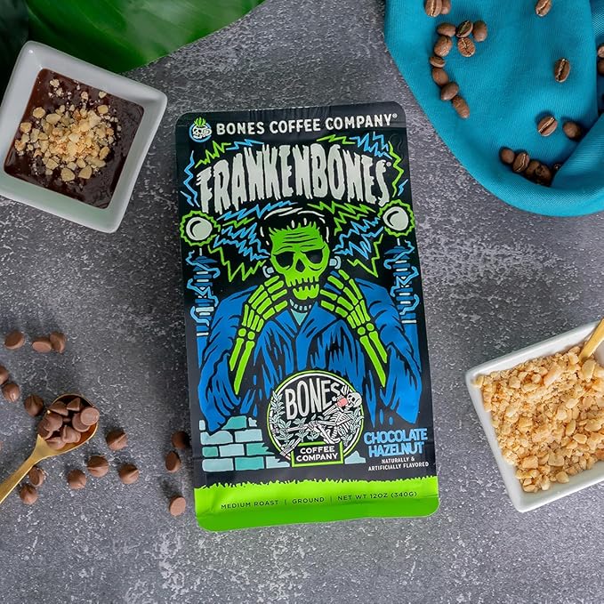 Bones Coffee Company Frankenbones Chocolate and Hazelnut Flavored Coffee, Medium Roast Low Acid