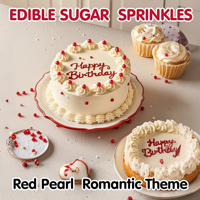 Red Pearl Sprinkles,Edible Pearl Sugar Sprinkles,Baking Edible Cake Decorations,Cupcake