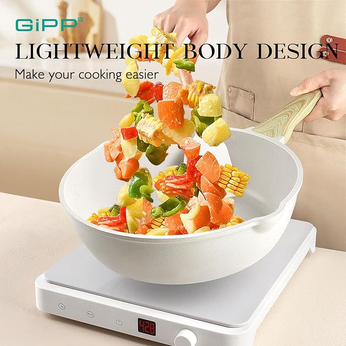 GiPP Pots and Pans Set Non Stick - 14 Pcs White Granite Kitchen Cookware Sets Nonstick Induction