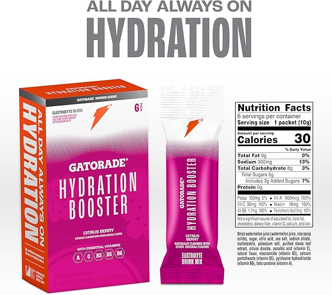 Gatorade Hydration Booster Electrolyte Drink Mix Powder Packets, Citrus Berry, Advanced Electrolyte