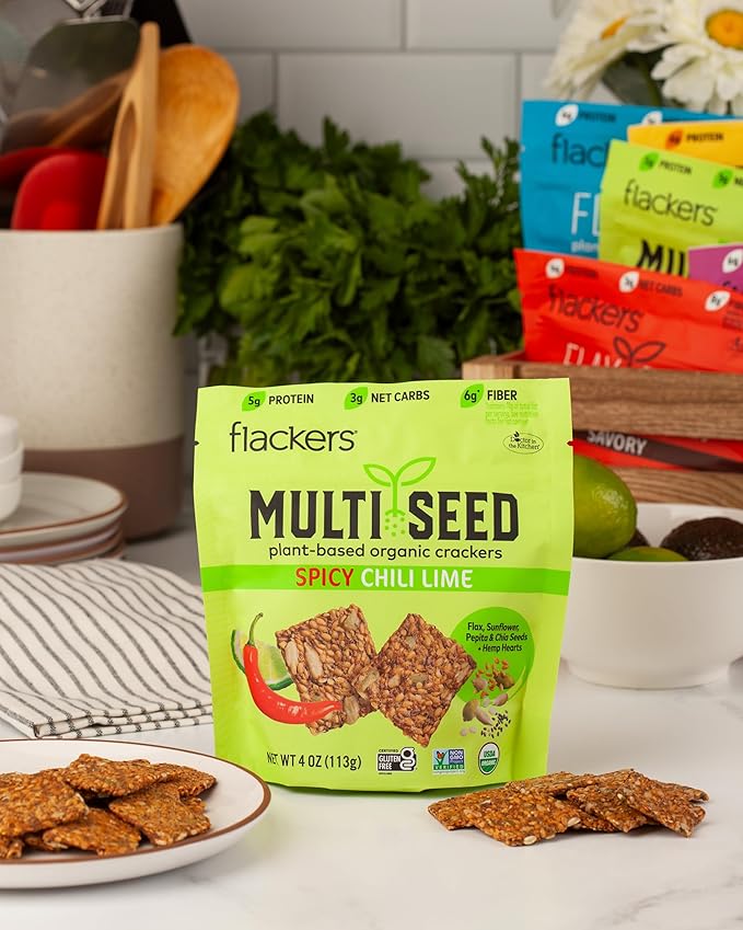 Flackers Organic Spicy Chili Lime Multi-Seed Crackers, 4 Ounce 1-Pack, Gluten Free, Non GMO, Vegan