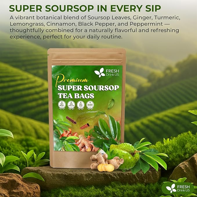 FreshDrinkUS, Super Soursop Herbal Tea ??40 Tea Bags | Soursop, Ginger, Turmeric, Lemongrass