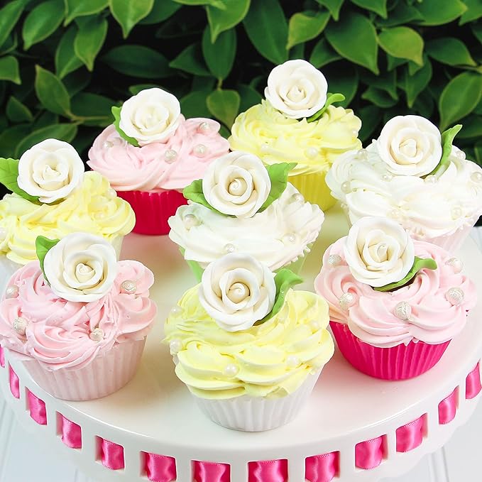 Global Sugar Art Premium Wedding & Party Edible Rose Cake & Cupcake Sugar Flowers, White, 24 Count