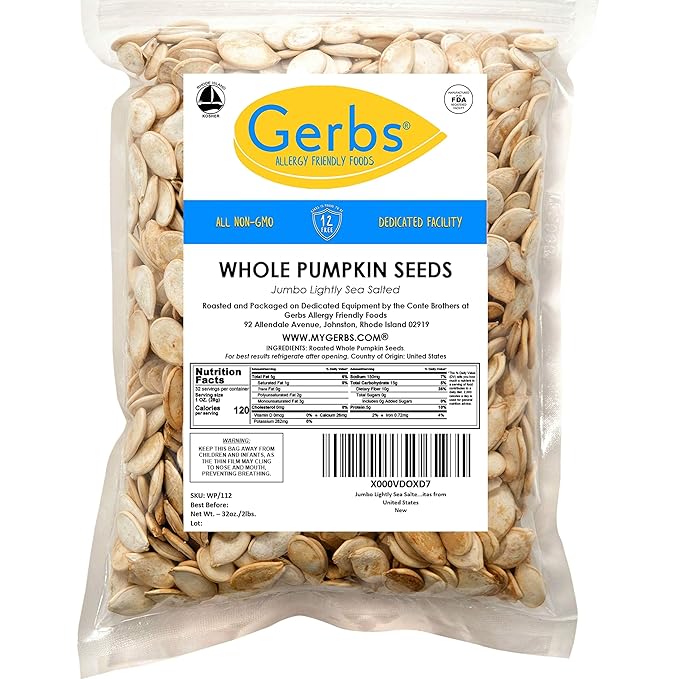 Jumbo Sized Lightly Sea Salted Pumpkin Seeds in Shell by Gerbs - 2 LBS - Top 11 Food Allergen Free