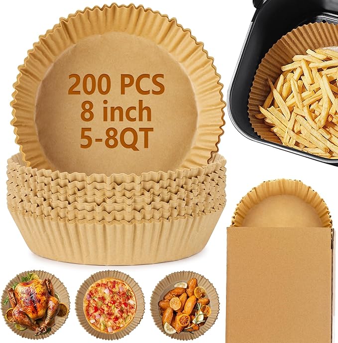 200Pcs Air Fryer Disposable Paper Liner, 8 Inch Round Non-Stick Air Fryer Liners Parchment Paper