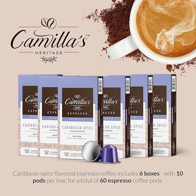 Camilla’s Heritage - Intensity 8 Caribbean Spice Flavored Espresso Coffee, Gourmet Espresso Cups