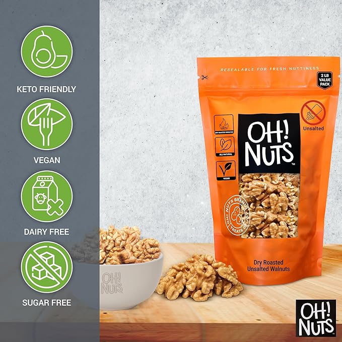 Oh! Nuts Walnuts - Dry Roasted Unsalted - 2 lb - Packed in New York Zip-Seal Bag for Exceptional