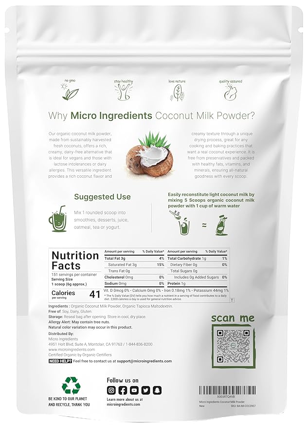 Micro Ingredients Organic Coconut Milk Powder, 2 Lb | Plant-Based Creamer for Coffee, Tea &
