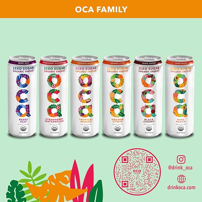 OCA ZERO Strawberry Watermelon, Organic energy drink, zero sugar, gluten-free, vegan plant-based