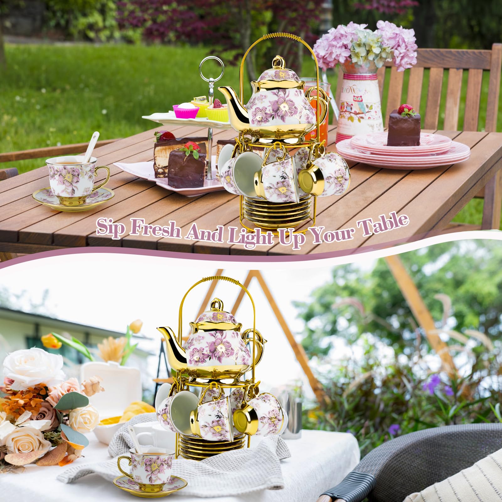 Hebaogugu 20 Pcs Porcelain Tea Set with Metal Holder, European Ceramic Tea Set for Adults, Adult