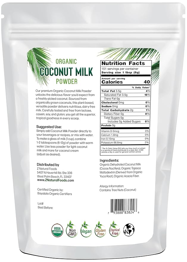 Z Natural Foods Organic Coconut Milk Powder - All-Natural Vegan Dairy-Free Alternative with MCTs