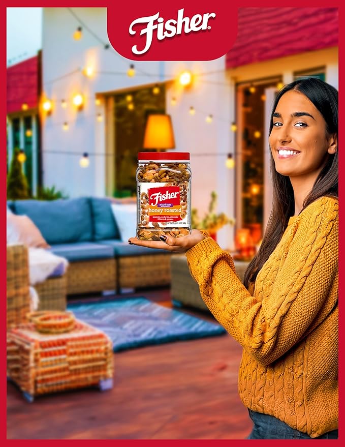 Fisher Snack Honey Roasted Mixed Nuts with Peanuts, 24 Ounces, Peanuts, Cashews, Almonds, Filberts