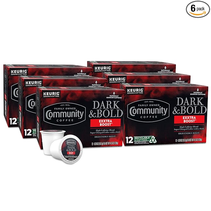 Community Coffee Dark & Bold Exxtra Boost 72 Count Coffee Pods, Compatible with Keurig 2.0 K-Cup