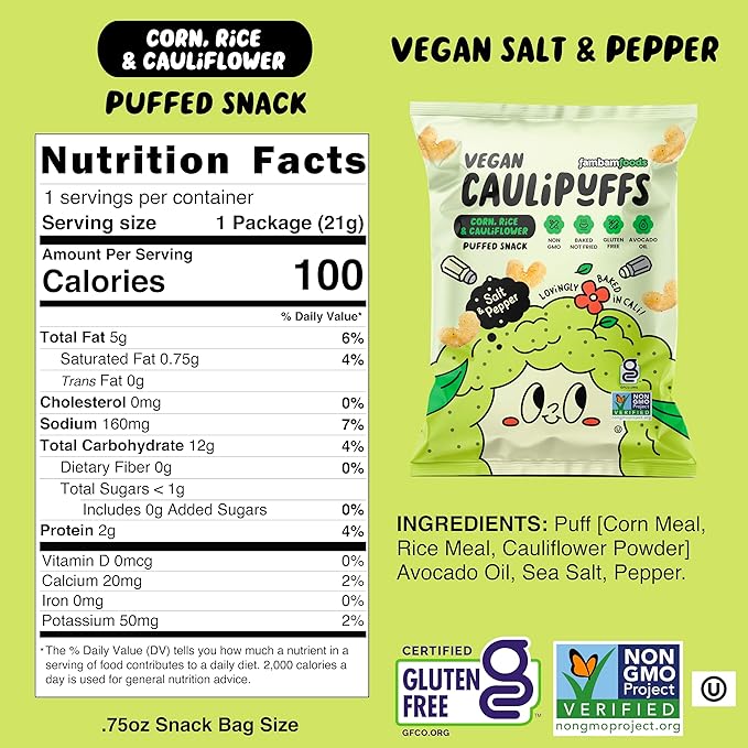 CauliPuffs - Corn, Rice, and Cauliflower Gluten Free Puffed Snack (15 x 0.75oz Bags, Vegan Salt &