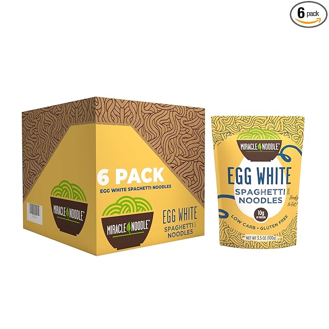 Miracle Noodle Egg White Spaghetti Pasta, 3.5 Oz (Pack of 6), Ready to Eat Egg White Noodles, 10g