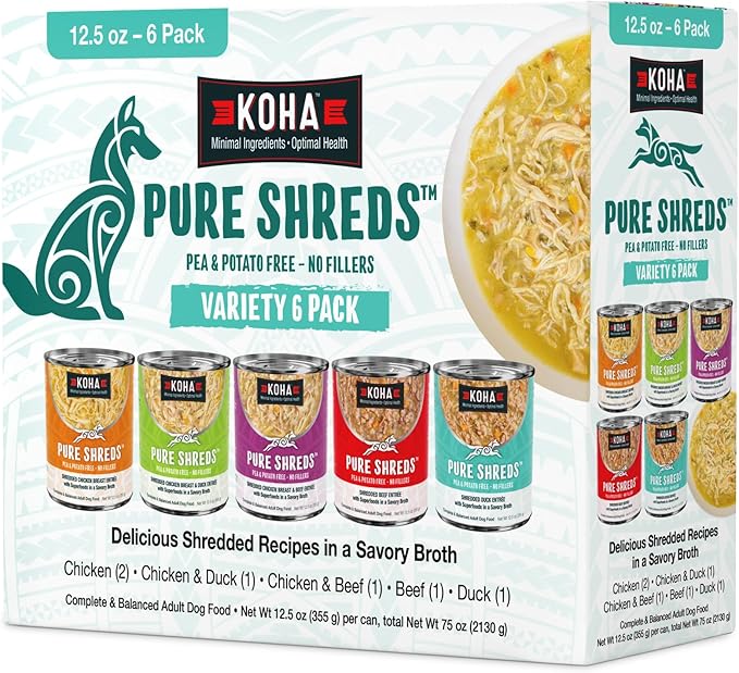 KOHA Pure Shreds Dog Variety Pack, High Protein Wet Dog Food- 5 Flavors - Beef, Duck, Chicken &