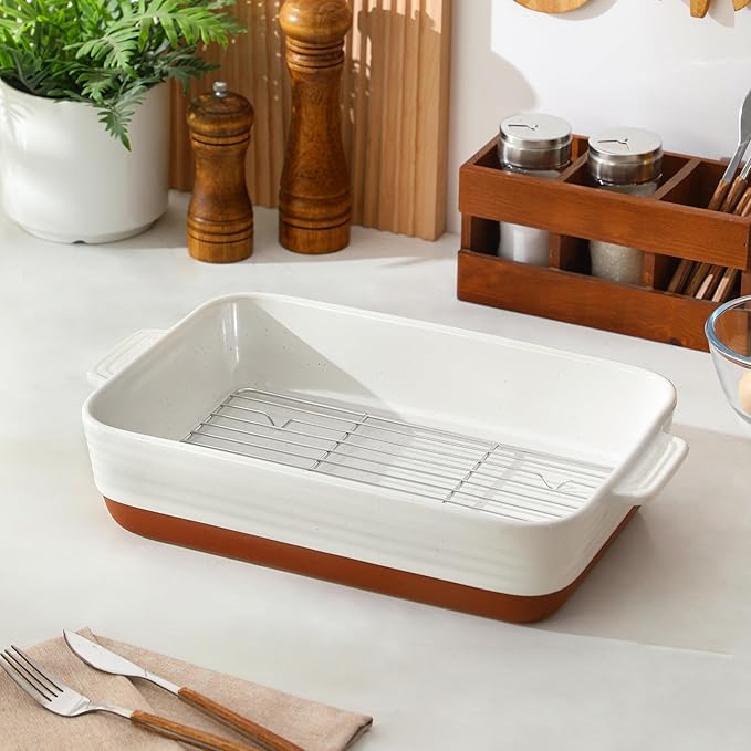MALACASA Baking Dish with Rack, 4.8 Qt Ceramic Roasting Pan with Stainless Steel Drip Rack, 9x13