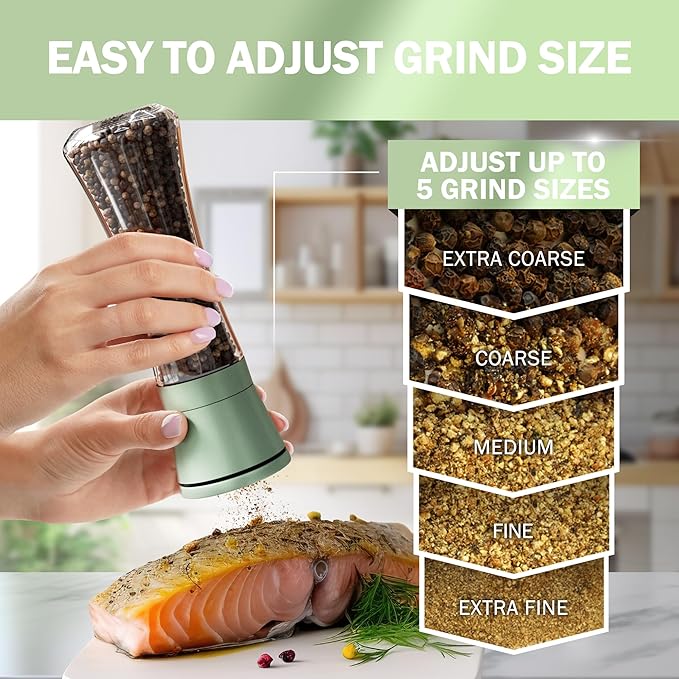 Home EC Premium Green Sea Salt and Pepper Grinder Set of 2 - Adjustable Ceramic - Tall Glass Salt