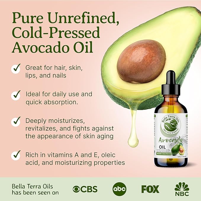 Bella Terra Oils - Avocado Oil 4oz - Pure Essence of Cold-Pressed Avocado, Boosted with Vitamin A