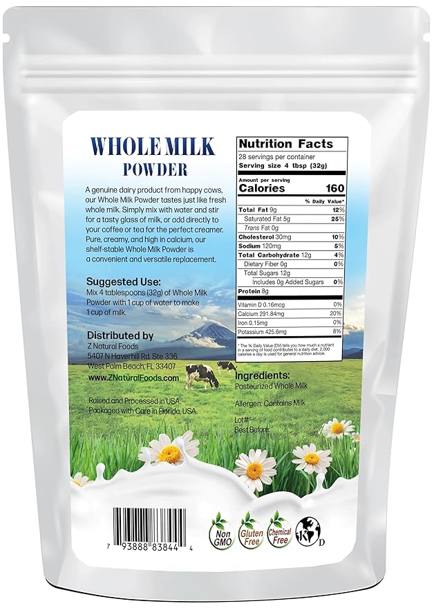 Z Natural Foods Premium Whole Milk Powder - Powdered Milk for Baking, Cooking, Drinks - Dry Milk