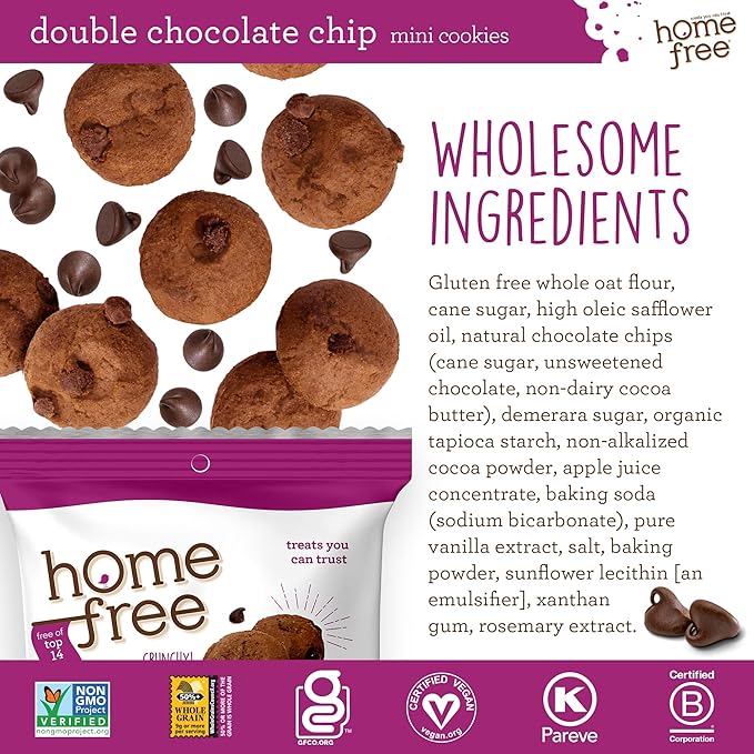 Homefree Treats You Can Trust Gluten Free Mini Cookies, Single Serve, Double Chocolate Chip, 0.95