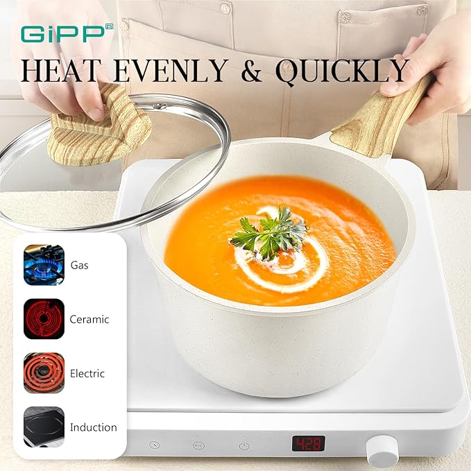 GiPP Pots and Pans Set Non Stick - 14 Pcs White Granite Kitchen Cookware Sets Nonstick Induction
