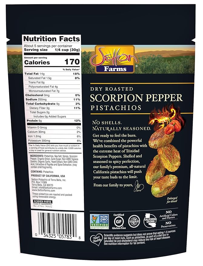 Setton Farms Pistachios, Scorpion Pepper Extreme Flavor Naturally Seasoned No Shell Pistachio Nuts